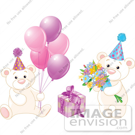 #56190 Royalty-Free (RF) Clip Art Of A Digital Collage Of Birthday Teddy Bears With Pink Balloons, Flowers And A Present by pushkin
