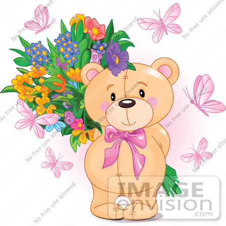 #56197 Royalty-Free (RF) Clip Art Of Pink Butterflies Surrounding A Sweet Teddy Bear Holding A Floral Bouquet Behind Its Back by pushkin