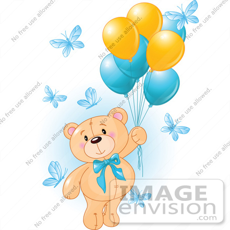 #56199 Royalty-Free (RF) Clip Art Of A Boy Teddy Bear Floating Away With Butterflies And Balloons by pushkin