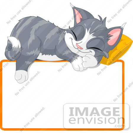 #56214 Clip Art Illustration Of An Adorable Gray Kitten Napping On A Pillow Over A Blank Text Box by pushkin