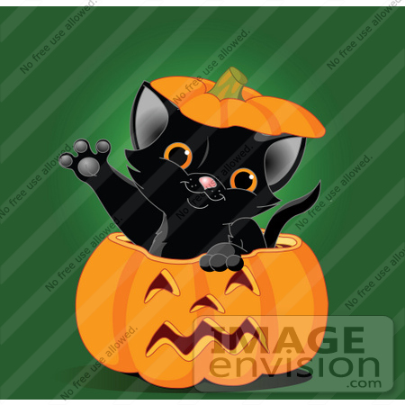 #56231 Royalty-Free (RF) Clip Art Illustration Of A Cute Black Kitten Reaching Its Paw Out Of A Halloween Pumpkin by pushkin