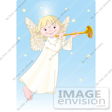 #56265 Clip Art Of A Cute, Innocent, Blond Femal Angel With A Halo, Playing A Horn by pushkin