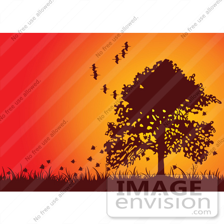 #56272 Royalty-Free (RF) Clip Art Fall Tree Silhouetted Against An Orange Sunset, With Falling Leaves And Flying Birds by pushkin