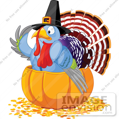 #56339 Royalty-Free (RF) Clip Art Illustration Of A Cute Thanksgiving Turkey Wearing A Pilgrim Hat And Sitting In A Pumpkin by pushkin