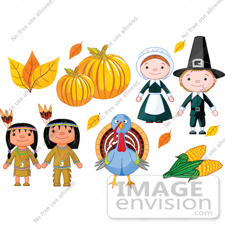 #56344 Royalty-Free (RF) Clip Art Illustration Of A Thanksgiving Digital Collage Of Autumn Leaves, Pumpkins, Pilgrims, Corn, A Turkey And Native Americans by pushkin