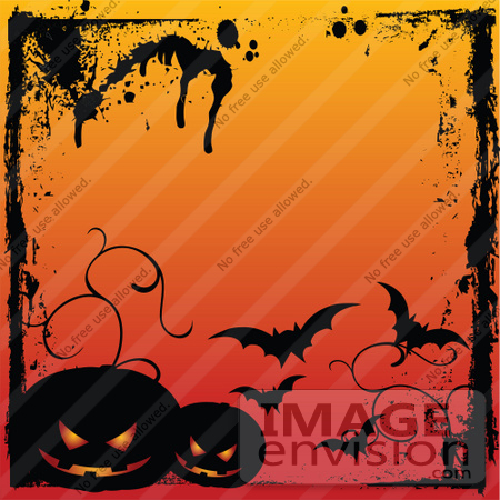 #56353 Royalty-Free (RF) Clip Art Illustration Of A Grungy Halloween Background With Splatters, Bats And Dark Pumpkins by pushkin