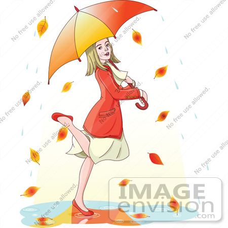 #56356 Royalty-Free (RF) Clip Art Illustration Of A Blond Woman Dancing In Autumn Rain Under An Umbrella by pushkin