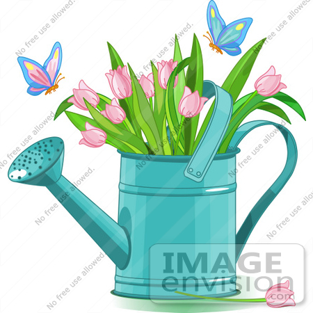 #56361 Clip Art Illustration Of Butterflies Landing On Pink Tulips In A Watering Can by pushkin
