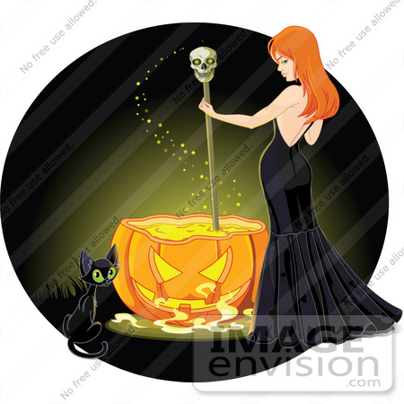 #56390 Royalty-Free (RF) Clip Art Illustration Of A Cat By A Sexy Red Haired Witch Stirring A Spell In A Pumpkin Cauldron, On A Green by pushkin