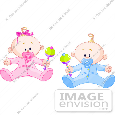 #56396 Royalty-Free (RF) Clip Art Illustration Of A Baby Boy And Girl Playing With Rattles by pushkin