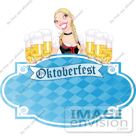 #56400 Royalty-Free (RF) Clip Art Illustration Of A Blue Oktoberfest Sign With A Blond Woman Serving Frothy Beers by pushkin