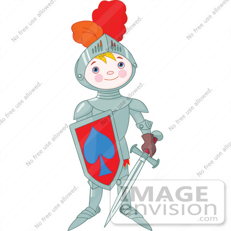 #56429 Royalty-Free (RF) Clip Art Illustration Of A Proud Armored Knight Boy Holding A Shield And Sword by pushkin