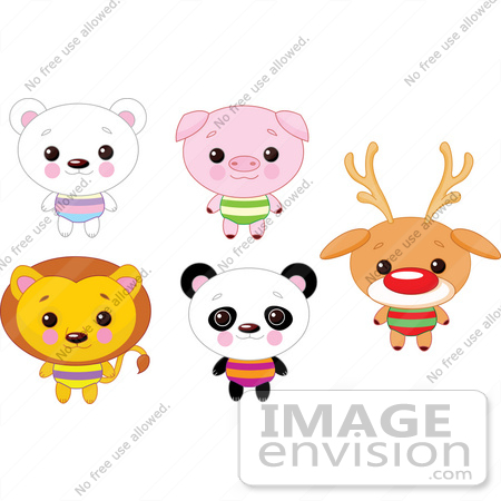 #56435 Royalty-Free (RF) Clip Art Illustration Of A Digital Collage Of Cute Animals With Big Heads; Polar Bear, Pig, Lion, Panda And Rudolph by pushkin