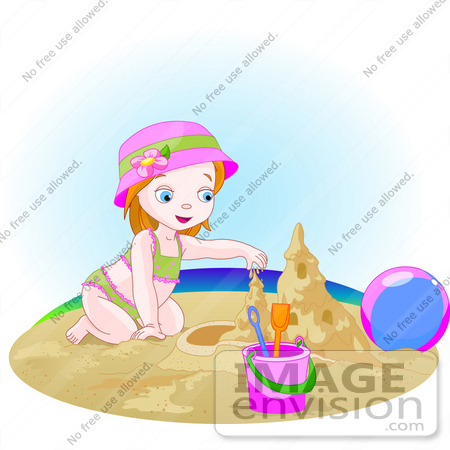 #56437 Royalty-Free (RF) Clip Art Illustration Of A Small Girl Building A Sand Castle On A Beach by pushkin