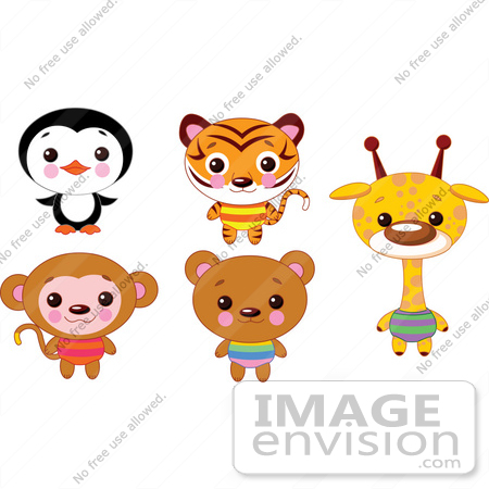 #56450 Royalty-Free (RF) Clip Art Illustration Of A Digital Collage Of Cute Animals With Big Heads; Penguin, Tiger, Monkey, Bear And Giraffe by pushkin