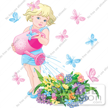 #56478 Royalty-Free (RF) Clip Art Illustration Of A Little Blond Girl Surrounded By Butterflies, Watering Her Flower Garden by pushkin
