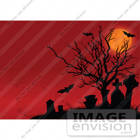#56506 Royalty-Free (RF) Clip Art Illustration Of A Spooky Full Moon, Dead Tree, Bat And Graveyard Halloween Background by pushkin