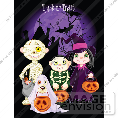 #56509 Royalty-Free (RF) Clip Art Illustration Of Children And A Dog Trick Or Treating In Mummy, Skeleton, Ghost And Witch Costumes  by pushkin