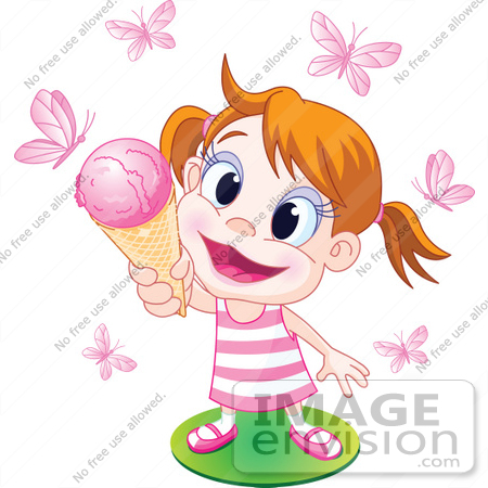 #56510 Royalty-Free (RF) Clip Art Illustration Of A Happy Little Girl Holding Up An Ice Cream Cone To Pink Butterflies by pushkin