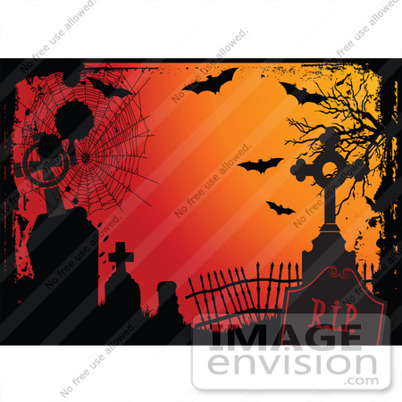 #56512 Royalty-Free (RF) Clip Art Illustration Of An Orange Halloween Background With Grunge, Webs, Tombstones And Bats by pushkin