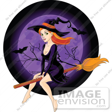 #56517 Royalty-Free (RF) Clip Art Illustration Of A Sexy Redhead Witch Flying In Front Of A Purple Full Moon With Bats by pushkin