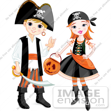 #56518 Royalty-Free (RF) Clip Art Illustration Of A Boy And Girl In Pirate Halloween Costumes by pushkin