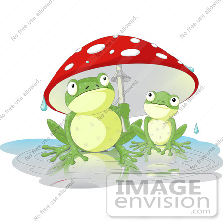 #56526 Clip Art Illustration Of An Adult Frog Holding A Mushroom Umbrella Over A Baby Frog On A Rainy Day by pushkin
