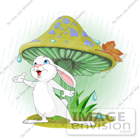 #56530 Clip Art Illustration Of A Wild White Bunny Rabbit Standing Under A Mushroom, Reaching Out To Catch Rain Drops In His Hand by pushkin