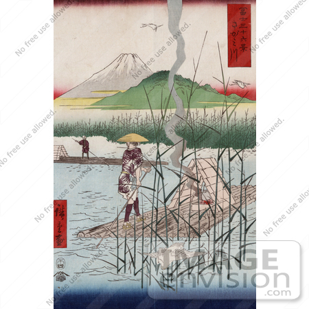 #5789 Photo of Herons Near Men With Rafts on the Sagami River With a View of Mt Fuji, Japan by JVPD