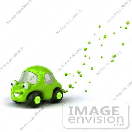 #60945 Royalty-Free (RF) Illustration Of A 3d Green Car Character With Bubbles Flowing From The Exhaust by Julos