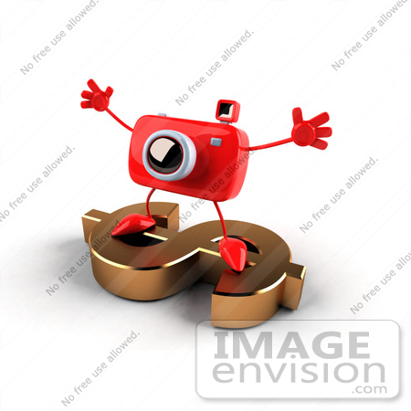 #60957 Royalty-Free (RF) Illustration Of A 3d Red Camera Boy Character Standing On A Gold Dollar Symbol - Version 2 by Julos