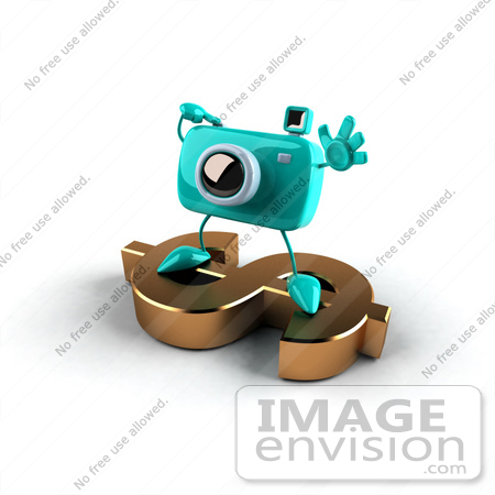 #60981 Royalty-Free (RF) Illustration Of A 3d Turquoise Camera Boy Character Standing On A Gold Dollar Symbol - Version 1 by Julos
