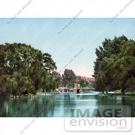 #61043 Royalty-Free Historical Photochrom Stock Photo Of Trees, A Bridge And Lake In The Public Garden, Boston, Masachusetts In 1900 by JVPD