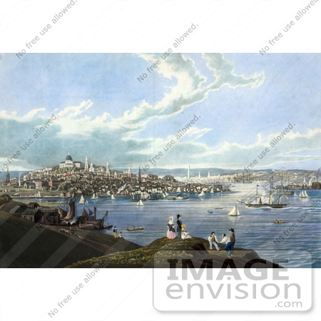 #61045 Royalty-Free Historical Illustration Of People With A View Of Boston And The Harbor At Dorchester Heights by JVPD