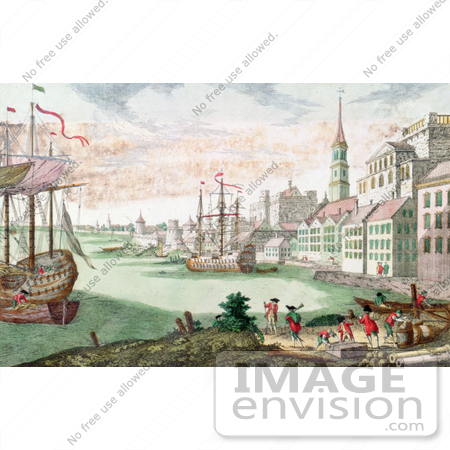 #61049 Royalty-Free Historical Illustration Of British Soldiers And Boats In The Harbor, Boston, Massachusetts by JVPD