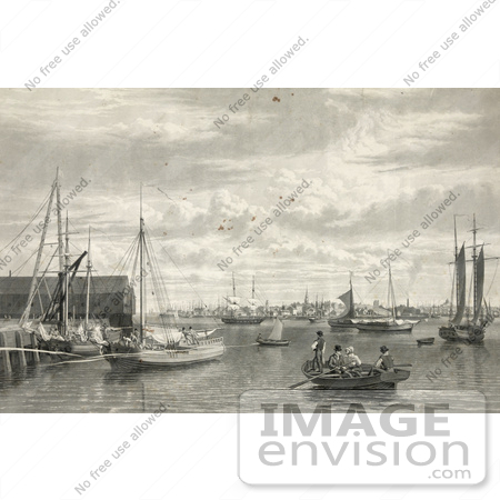 #61050 Royalty-Free Historical Illustration Of A Sepia Engraving Of Boats At The West End Of The Navy Yard In Boston by JVPD