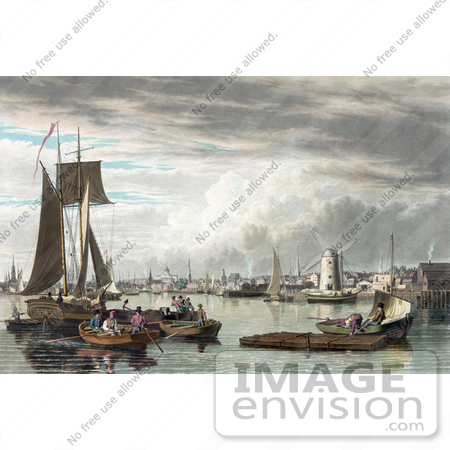 #61055 Royalty-Free Historical Illustration Of People And Boats In The Harbor Of Boston, As Seen From City Point Near Sea Street by JVPD