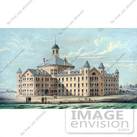 #61056 Royalty-Free Historical Illustration Of People On The Beach At New Alms House For The City Of Boston In Massachusetts, On Deer Island by JVPD