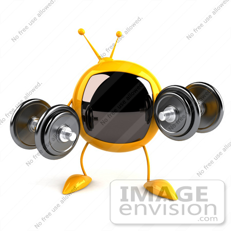 #61081 Royalty-Free (RF) Illustration Of A 3d Yellow Square Television Character Lifting Weights by Julos