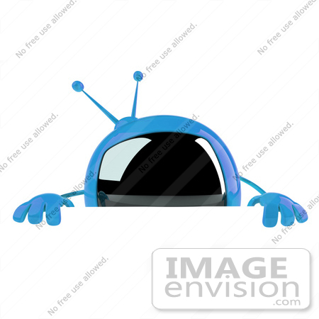 #61239 Royalty-Free (RF) Illustration Of A 3d Blue Square TV Mascot Standing Behind A Blank Sign by Julos