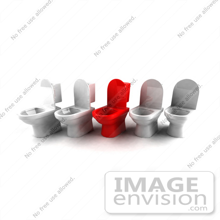 #61277 Royalty-Free (RF) Illustration Of A 3d Red Toilet Standing Out In A Line Of White Toilets by Julos