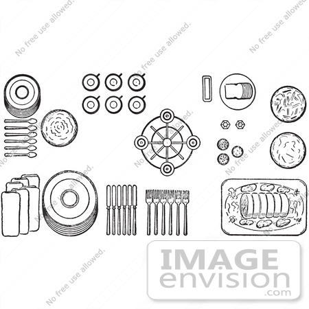 #61303 Cartoon Of Proper Place Settings Of Of A Buffet Table, In Black And White - Royalty Free Vector Clipart by JVPD