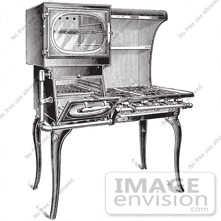 #61324 Retro Clipart Of A Vintage Antique Gas Stove In Black And White - Royalty Free Vector Illustration by JVPD