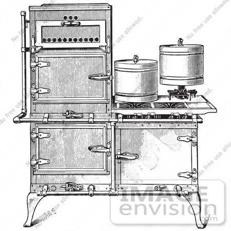 #61329 Retro Clipart Of A Vintage Antique Fireless Cooking Gas Stove In Black And White - Royalty Free Vector Illustration by JVPD