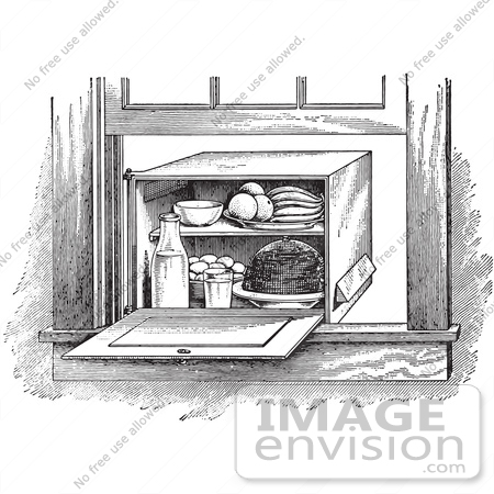 #61335 Retro Clipart Of A Vintage Window Box Refrigerator In Black And White - Royalty Free Vector Illustration by JVPD