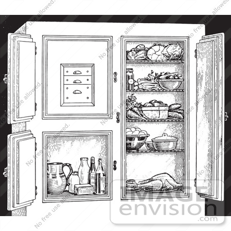 #61339 Retro Clipart Of A Vintage Antique Refrigerator With Food, In Black And White - Royalty Free Vector Illustration by JVPD