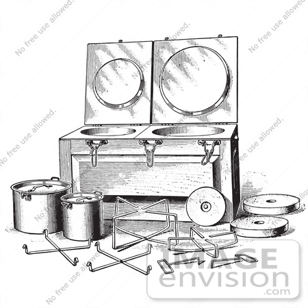 #61341 Retro Clipart Of A Vintage Antique Fireless Cooker And Stones In Black And White - Royalty Free Vector Illustration by JVPD