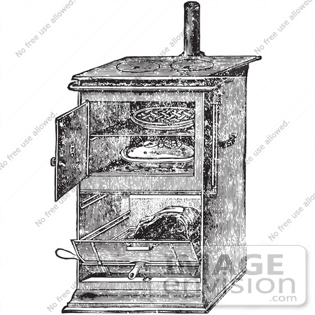 #61348 Retro Clipart Of A Vintage Antique Gas Cooking Stove With Food Baking In The Oven, In Black And White - Royalty Free Vector by JVPD