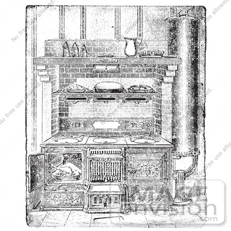 #61349 Retro Clipart Of A Vintage Antique Kitchen Range And Appliances In Black And White - Royalty Free Vector  by JVPD