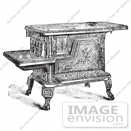 #61350 Retro Clipart Of A Vintage Antique Wood Or Coal Cooking Stove In Black And White - Royalty Free Vector  by JVPD